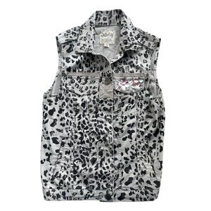 Dolled Up Womens Sz XS Gray Black Leopard Print Cotton Rhinestone Button Up Vest